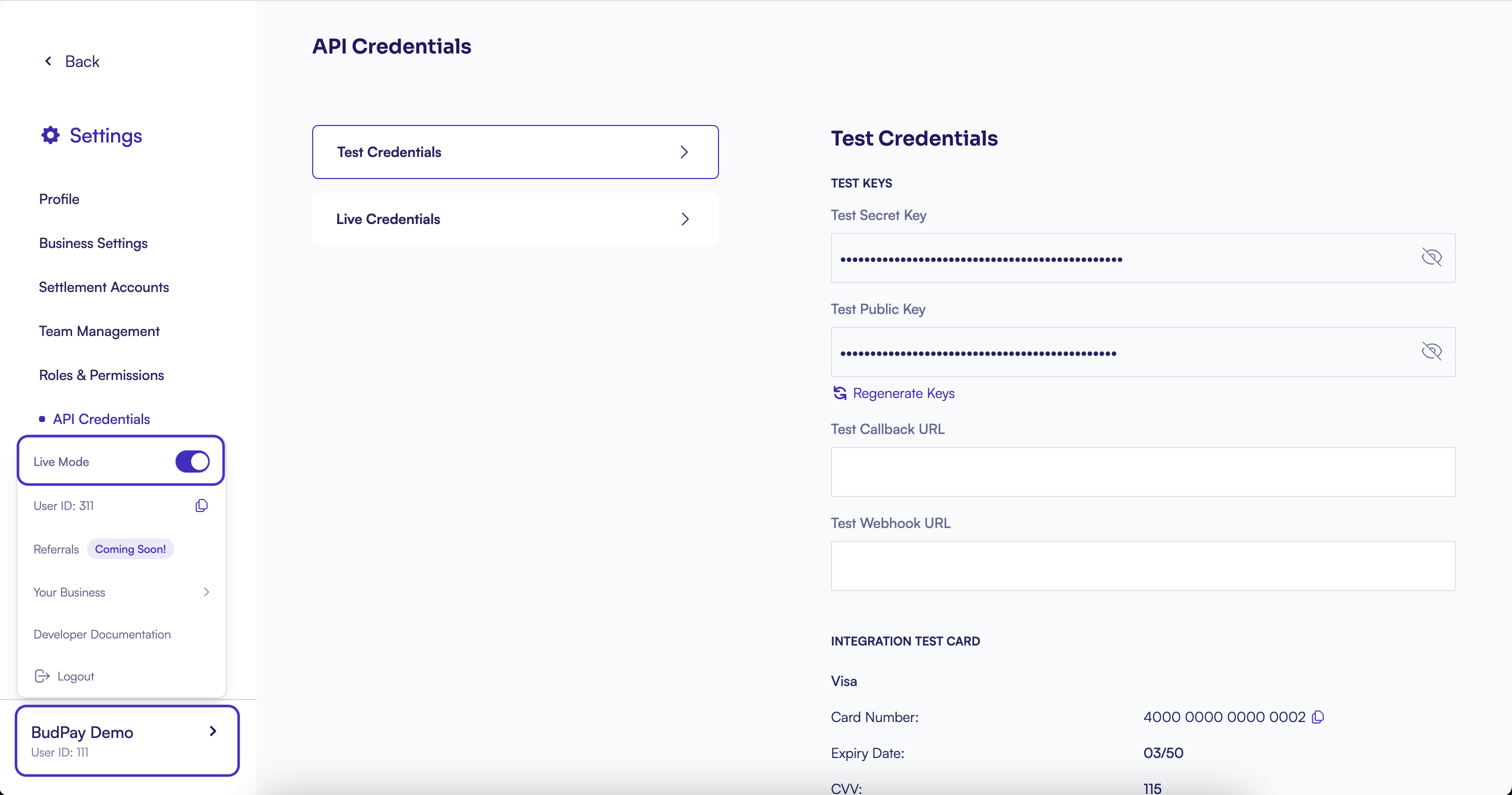 Test and Live Mode Toggle